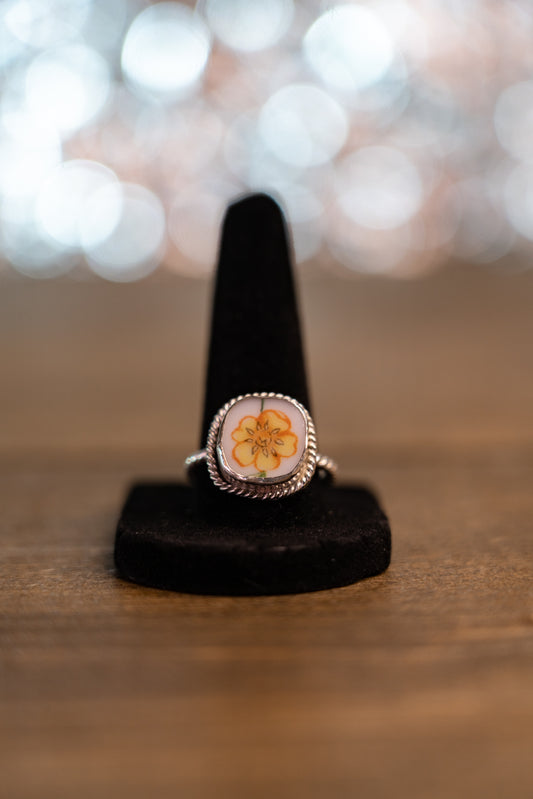 Yellow Ceramic Flower Sterling Silver Ring 9