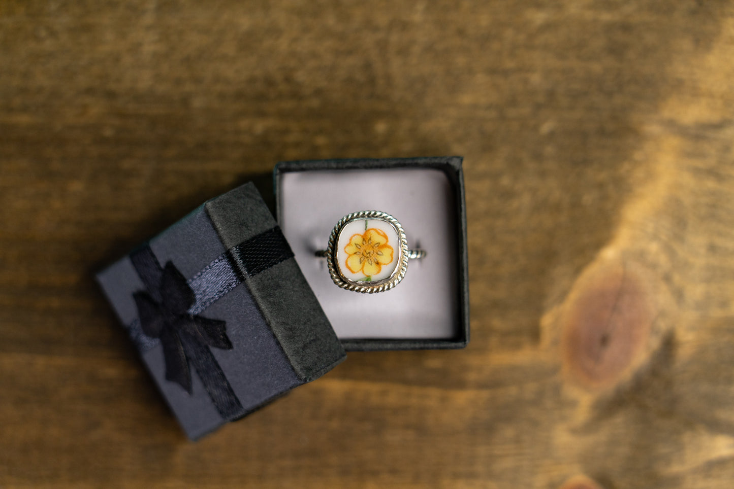 Yellow Ceramic Flower Sterling Silver Ring 9