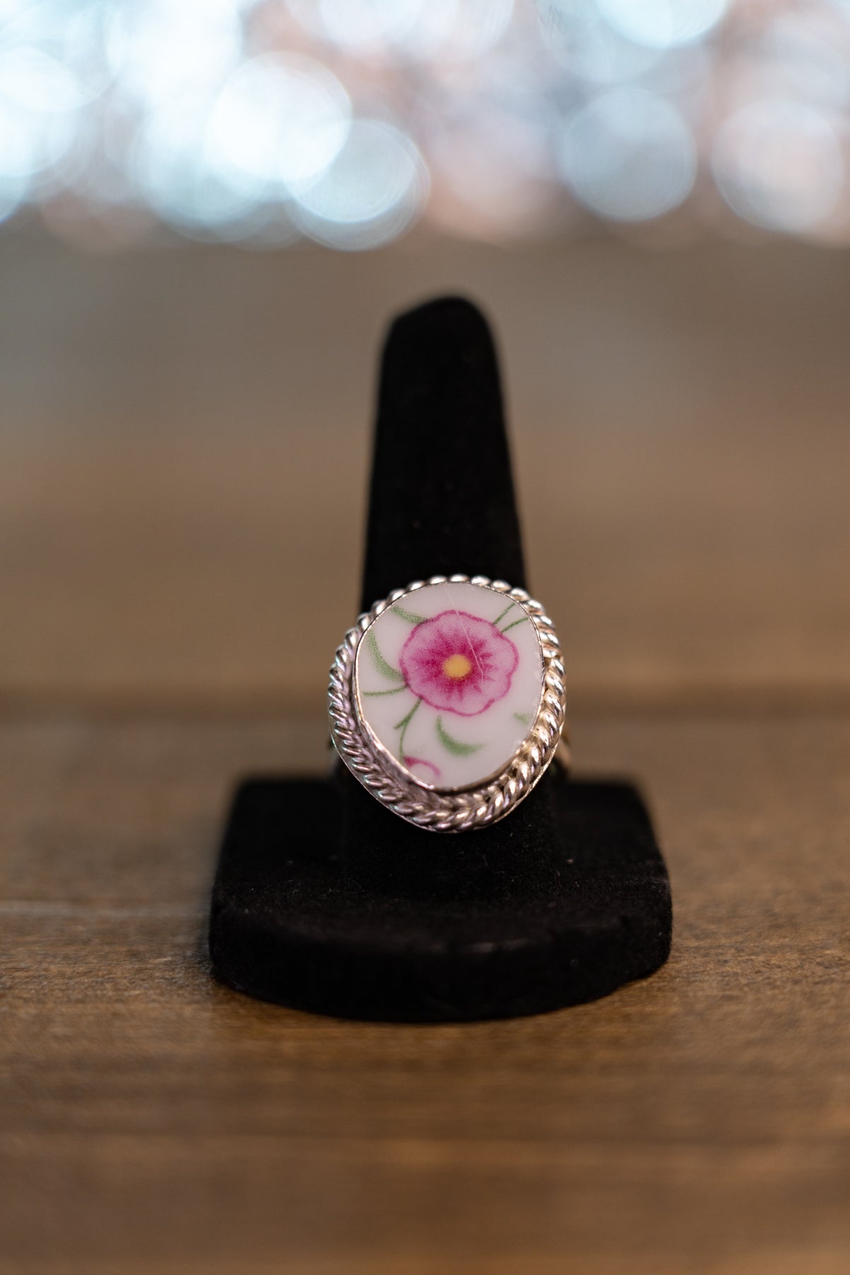 Pink Ceramic Flower Sterling Silver Ring 8.5