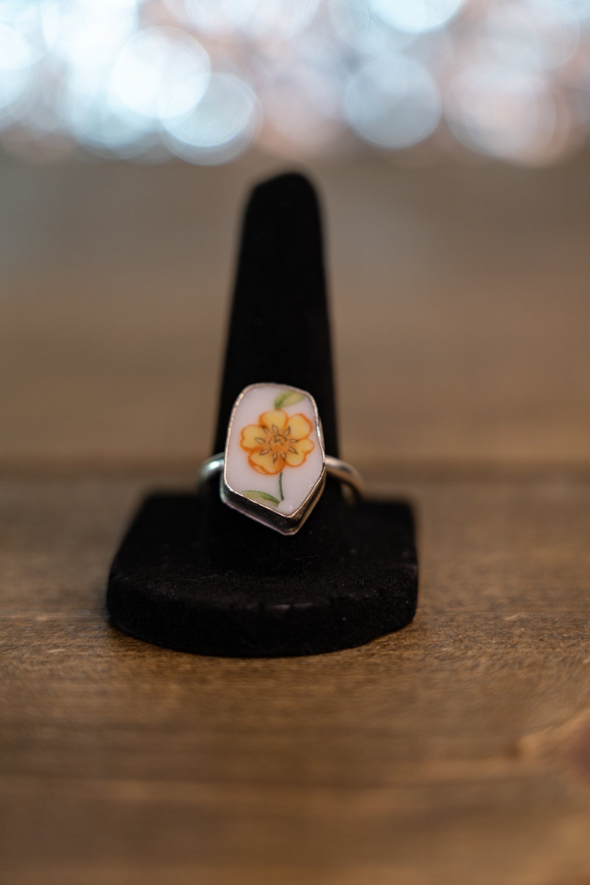 Yellow Ceramic Flower Sterling Silver Ring 9.5