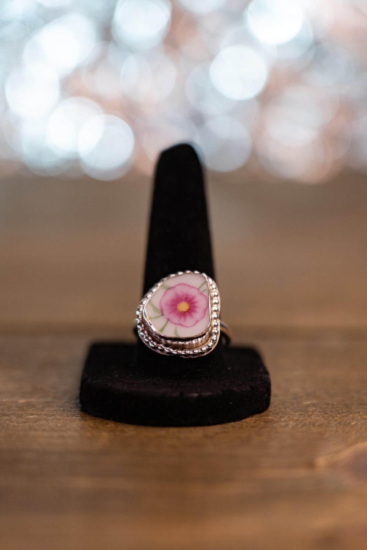 Pink Flower Ceramic Sterling Silver Ring 9