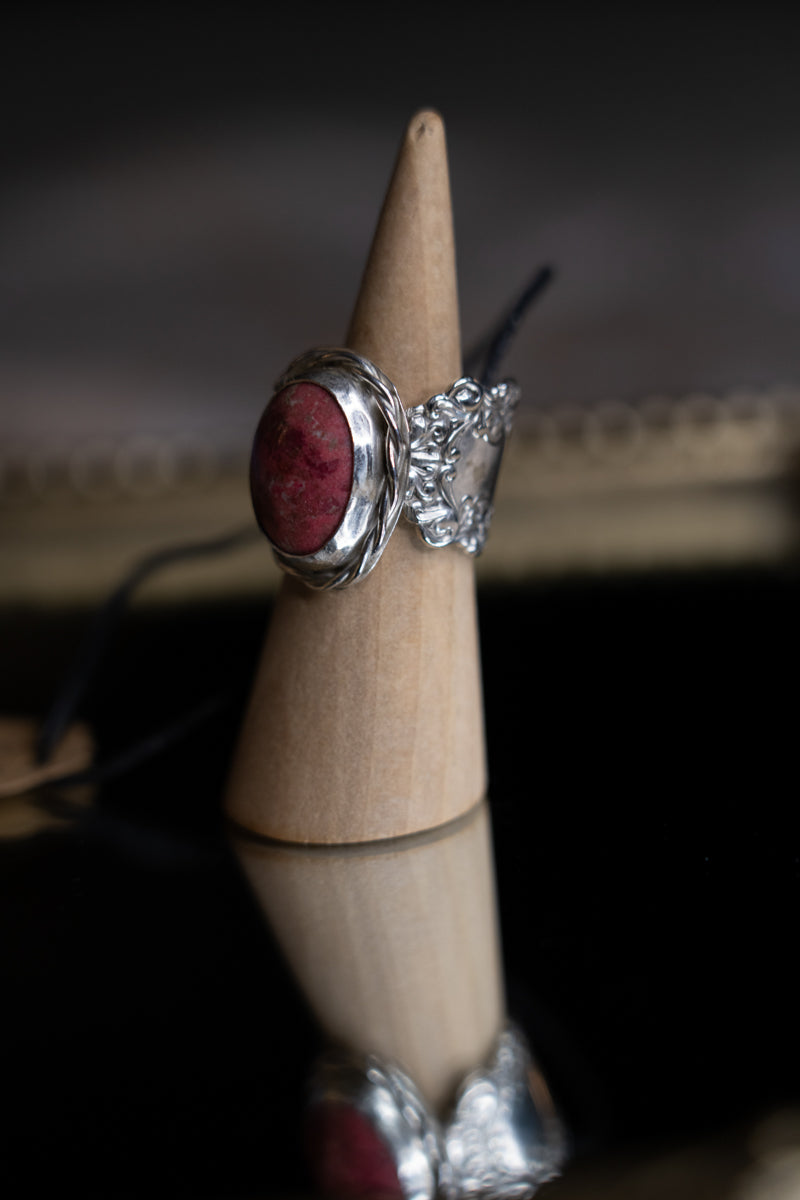 Rhodonite vintage silver plated spoon Ring 8