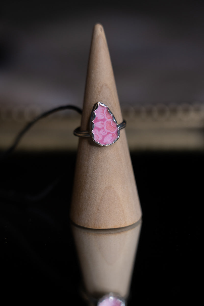 Pink Ceramic Floral Sterling Silver Ring 8.5