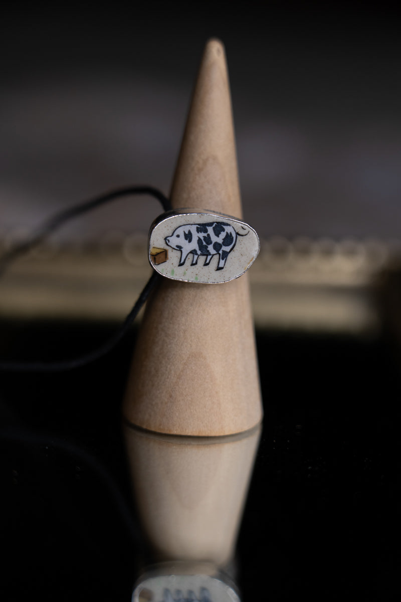 Ceramic Piggy Sterling Silver Ring 8