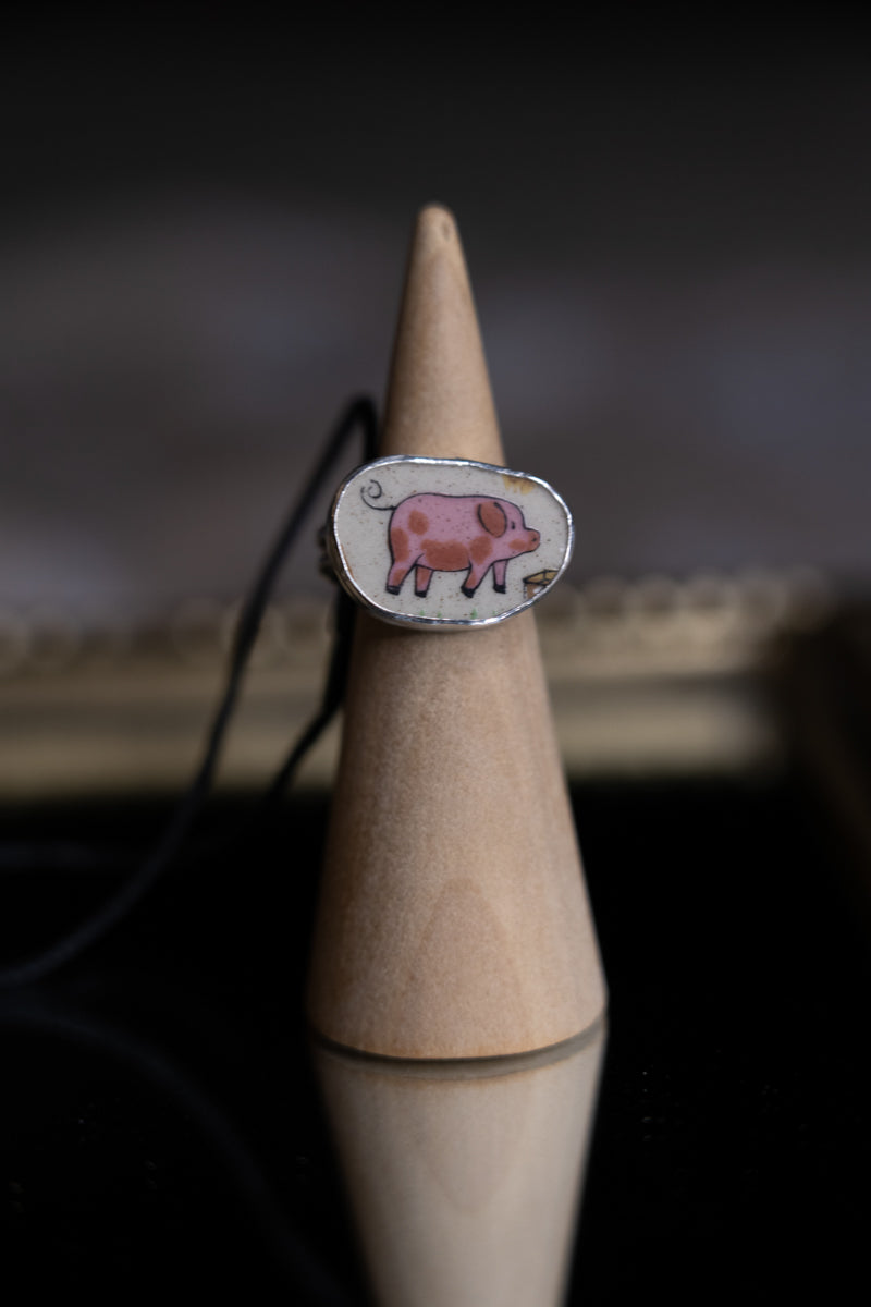 Ceramic Piggy Sterling Silver Ring 7.5