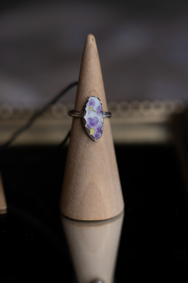 Purple Floral Ceramic Silver Ring 6